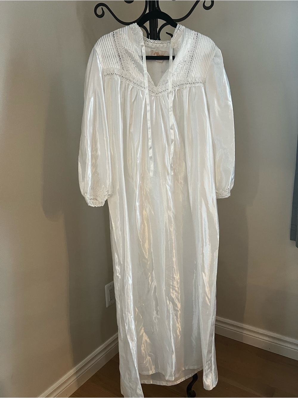 White Women's Long Satin Nightgown with Lace Trim